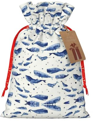 HJLUUFT Kleine blaue Wal-Schwimm-bedruckte Jute-Tasche mit Kordelzug und Geschenkanhänger, für Hochzeit, Weihnachten, Party