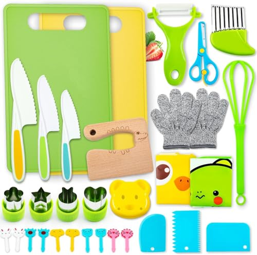 32PCS Toddler Knife Set - Kids Knives for Real Cooking, Kids Kitchen Knife Set with Cutting Board Crinkle Cutters Kid Safe Knives, Toddlers Kitchen Tools for Age 2-10 Year Old Girl Boy