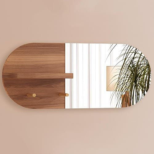 Moderno specchio da parete con mensola e gancio appendiabiti per bagno e ingresso (marrone)