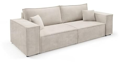 Easy4You Beige 3-Sitzer Sofa Rosso 255x70x105 cm mit Schlaffunktion und Stauraum – Kordsamt Schlafsofa mit Bettkasten und Kissen - Moderne Wohnzimmermöbel – Stoff: Kord