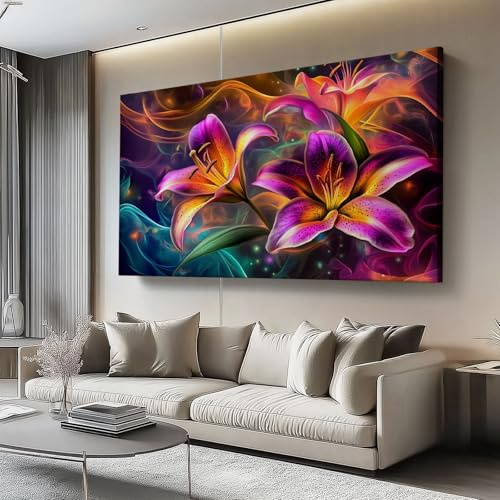 Leinwand Bilder 120L x50B cm Wanddeko Wohnzimmer Aesthetic Room Decor Deko Blumen, Lilien, Fantasie Zimmer Wandbilder Modern Bild auf Leinwand Moderne Kunst Lila Orange