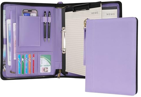 Wason Portfolio A4 Cremallera, Carteras de viaje Cuero PU con Carpeta de Anillas Desmontable y Soporte Bloc de Notas, Organizador Multibolsillos para Conferencias Oficina Viajes Escuela