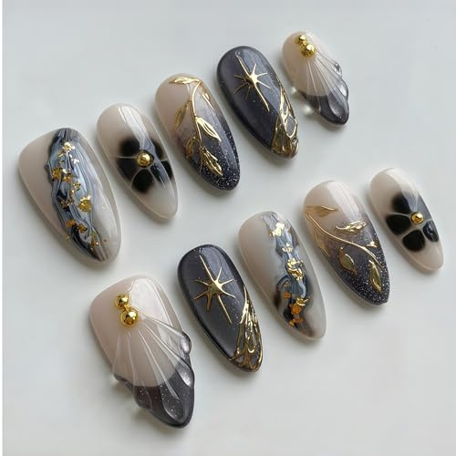 Shimmerz 30 pezzi set unghie a mandorla stile medio lungo 3D marmo foglia d'oro french punta unghie finte riutilizzabili eleganti per donne
