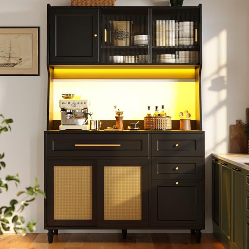 KOMHTOM Armoire de Cuisine, Armoire Haute, Vitrine, Dispositif Anti-basculement, éclairage LED, 3 Tiroirs, Étagères Réglables, Portes Coulissantes, Rotin PE