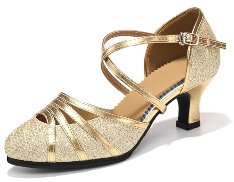 HIPPOSEUS Ladies's Glitter Latin Dance Shoes Gold Closed Toe Dancing Pumps with Outdoor Suede Sole for Ballroom Tango Salsa Samba Waltz,5 UK