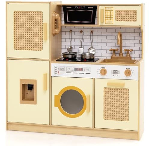 RELAX4LIFE Cucina Giocattolo per Bambini, Effetti Sonori e Luminosi, Gioco Cucina in Legno con Frigo, Microonde, Forno, Lavatrice, Mini Cucina per Bambini 3-6 Anni (Giallo)