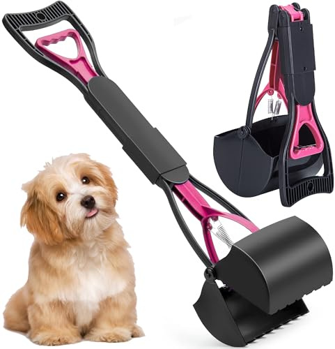 XFLYP Pelle à Déjections, 60cm Ramasse Crotte pour Chien avec Long Manche Solide Pince Dentelée, Pliable Nettoyage Pickup déjections Canines Clip pour Chien et Chat Animal, Déchets(Rose)