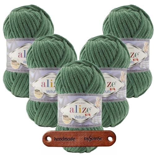 ALIZE 5 x 100g Velluto 532 Pine Green Premium Wolle Chenillegarn kuschelweich Amigurumi Plüschtiere Bulky Babywolle Filzwolle Samtwolle mit mySearose Label