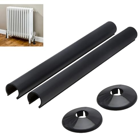 2 Pack Radiator Pipe Covers, Radiator Pipe Covers & Collars, 15mm x 200mm Snap On Pipes Sleeves for Floor Hole Heating Pipes, Easy Install for Home Office Heating System Skirting Board Finish (Black)