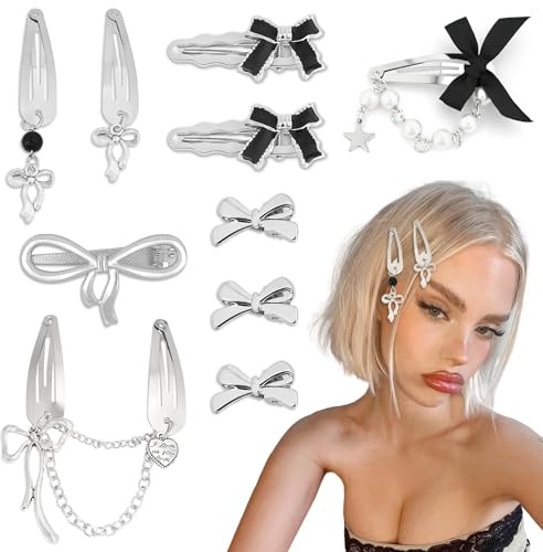 Y2K Silberne Schleifen Haarspangen, 10 Stück Metall Haarspangen, Kleine Haarklammer, Silberner Haarschmuck, Hair Clips, Kawaii Hair Accessories für Mädchen Damen Partys Festival Konzert Alltag (B)