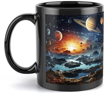 SLKFJEWT 12 Oz Coffee Mugs, Ceramic Mug with Handle, Planets Stars And Milky Way Galaxy Coffee Cups for Women And Men, Dishwasher,Black
