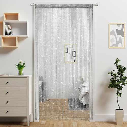 Cortinas Cuerdas Decorativas 100 x 200 cm Cortinas Hilos Puertas (Plateado)
