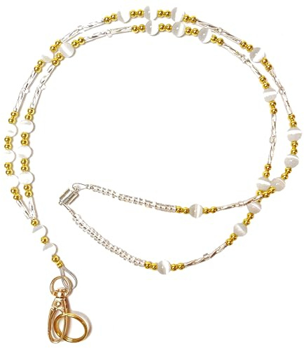 Hidden Hollow Beads Women's Simple Gold and White Strong Beaded Lanyard for ID Badge Card Holder Teacher Cruise Keys Keychain Phone (Breakaway Clasp - Safer)