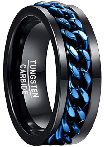 NUNCAD Bague Anxiété Rotative avec Chaîne pour Homme Femme, Anneau en Tungstène, 8mm, Noir et Bleue Taille 57
