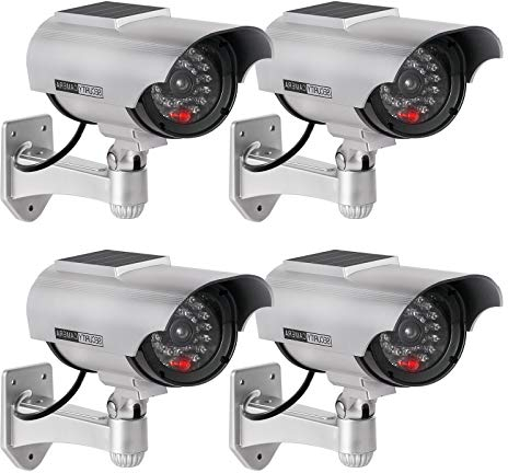 ERWEY 4 Pezzi Telecamera Finta di Sicurezza Solare, Telecamera di Sorveglianza CCTV Simulata per Uso Interno o Esterno con Luce LED Lampeggiante (Argento)