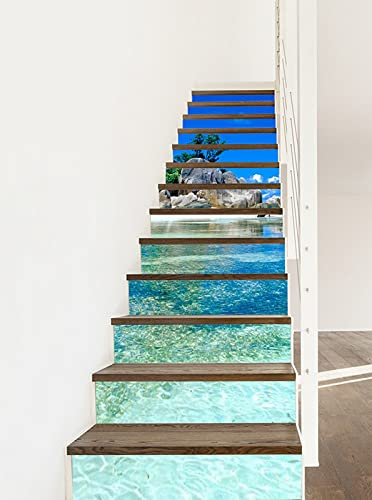 A.Monamour 13 Pezzi Adesivi per Scale Alzate Gradini Autoadesiva 3D Cielo Blu Rocce Di Pietra Sulla Spiaggia Acqua Di Mare Paesaggio Naturale Sea Vinile PVC Adesivo Pellicola Scala Scalini Stickers