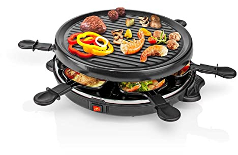Ex-Pro Electric Raclette Gourmet Grill, 6 Person Indoor Non-Stick Tabletop Cooker, Removable Round Hot Plate, with 6 x Mini Cheese Pans & Spatulas, 800W