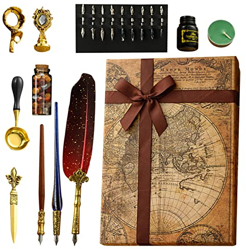 Feder-Kalligraphie-Stift-Set, Vintage-Kalligraphie-Federstift zum Schreiben – Dip-Pen, Siegelwachs, Siegelstempel, Löffel, Umschlagwerkzeug, bestes Geschenk-Set zum Schreiben, Zeichnen, Unterschriften