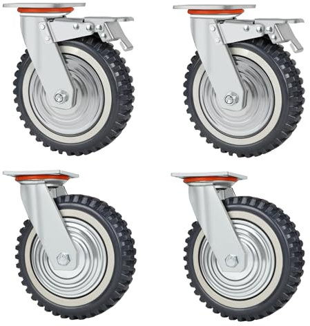 DBREAKS rueda para cargas pesadas, ruedas de transporte 200 mm, 4 placas, 2 giratorias con freno, ruedas de goma maciza 360°, 2000 kg para mesa