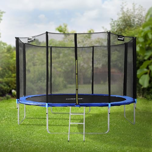 Hauki Trampolín Redondo de Exterior Ø427 cm Azul GS Probado Juego Completo con Red de Seguridad, Escalera, Bordes Cubiertos y Postes Alcochados Cama Elástica Estable Soporta hasta 150 Kg