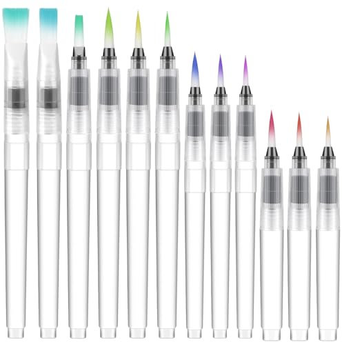 12pcs Refillable Water Brush Pens for Watercolor Painting - Leakproof, Water-Soluble Markers With Assorted Tips
