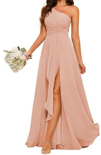 YIANN Robe de demoiselle d'honneur pour femme, longue à épaule dénudée avec fente, en mousseline de ligne A, robe formelle, vieux rose, 36