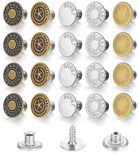 Tyqour 20 Stück Jeans Knöpfe Ohne Nähen,17 mm Button Pins, Verstellbare Jeansknöpfe, Metall Hosenknopf, Messing Jeansknöpfe Hosenknöpfe Metall DIY Jeansknopf-4 Stile