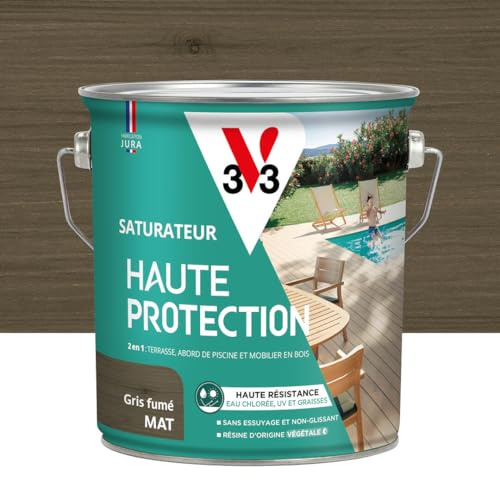 V33 Saturateur bois extérieur Gris fumé mat - Pour terrasses et mobilier de jardin - Haute résistance eau chlorée, UV et graisse - Sans essuyage et non glissant - Résine d'origine végétale - 2,5L | Pour terrasses et mobilier de jardin, Haute résistance eau chlorée, UV et graisse, Sans essuyage et non glissant