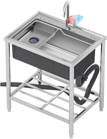 Freistehende Spüle, Edelstahl-Mehrzweckspüle Mit Warm- Und Kaltwasserhahn, Gewerbliche Einzelspüle for Garage, Werkstatt, Waschküche, Camping