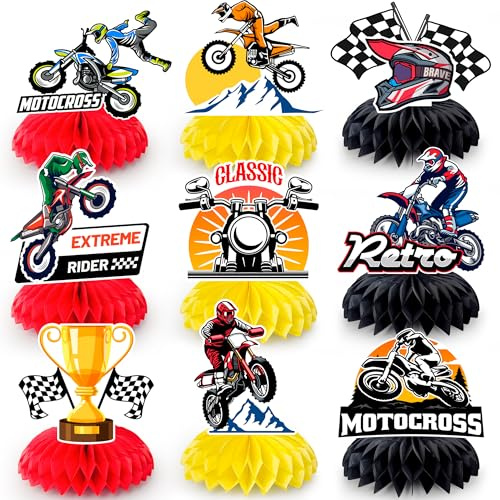 Motorcycle Honeycomb Centerpiece, 9 Pcs Motorbike Happy Birthday Honeycomb Centerpieces/Dirt Bike Party Centerpieces/Motorcycle Birthday Decorations Honeycomb for Dirt Bike Birthday Party Decorations
