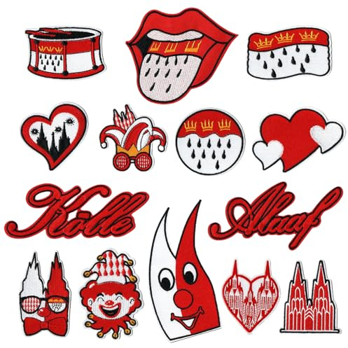 14 Stück Kölner Karneval Rot Weiß Bügelflicken | süße bestickte Reparaturflicken, Karneval Patches für Kleidung, Jeans, Hosen, Nähen, Hüte, Bastelzubehör