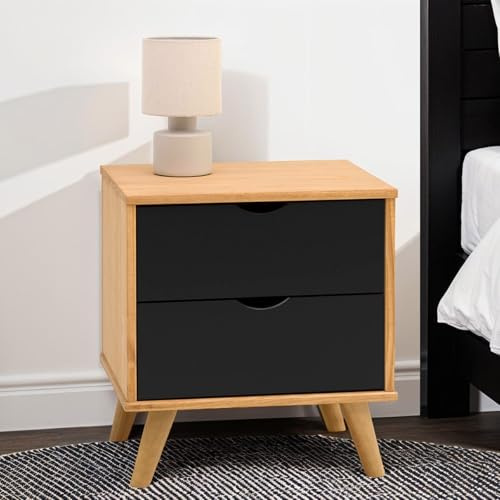 IDIMEX Nachttisch Colima mit 2 Schubladen Natur/Schwarz - Nachtkommode aus Massivholz Kiefer, ideal für Boxspringbetten, modernes Design