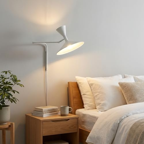 BARCELONA LED Große Wandlampe Industrie 40 cm Durchmesser, Schwenkbarer Wandarm, Vintage und Modern Stil, Metall Weiß Lampenschirm Innen Weiß, Ideal für Restaurant, Treppe und Schlafzimmer