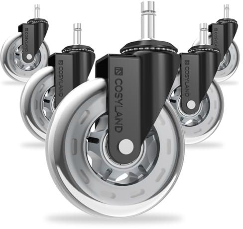 COSYLAND Bürostuhl Rollen 10mm x 22 mm - 5er Set Rollen für Bürostühle - Super Leise und Weiche für Hartböden, Parkett, Teppich, Laminat, Keine Bodenschutzmatte Nötig, Grau