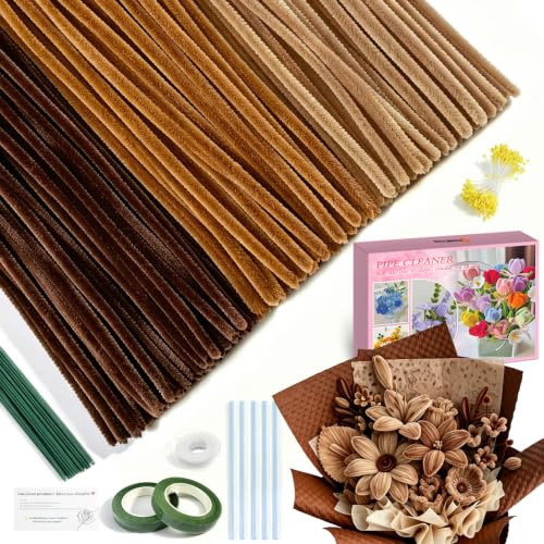 320 Piece Rustic Craft Kit - Earth Tone Brown Pipe Cleaners with Flower Making Supplies | Complete DIY Arts & Crafts Set | Natural Decorations & Creative Projects | Rich Chenille Stems, Bendable & Durable. Perfect For Autumn Bouquets, Thanksgiving Decor For DIY Bouquet Crafts