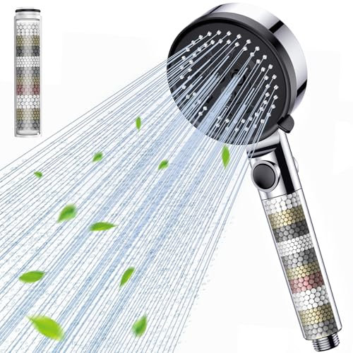 Gritin Soffione Doccia con Filtro, Doccino per Doccia Risparmio Idrico con Aumento Della Pressione, 5 Tipi di Getto, Cromata Doccetta Con Funzione di Dell'acqua One-Touch-Stop