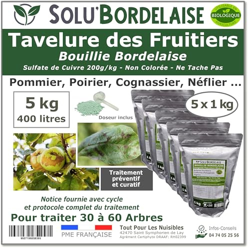 Solu'Bordelaise - Tavelure des Fruitiers - 5 kg de Bouillie Bordelaise Non Colorée - Fongicide Polyvalent à base de Sulfate de Cuivre 200 g/kg - Doseur Inclus - Utilisable en Agriculture Biologique