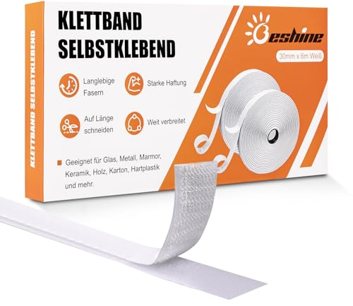 Beshine Klettband selbstklebend, 30mm x 6m Premiumqualität Doppelseitiges Klebeband mit Klettverschluss Selbstklebend und Hakenband(Weiß)