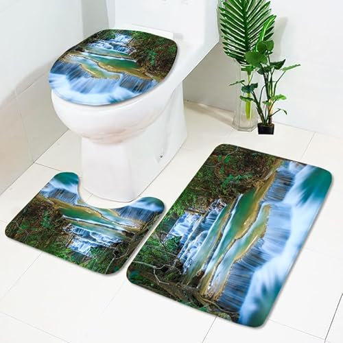 Badrumsmatta blågrönt vattenfall WC matta med utsnitt WC lockskydd 3 delar WC matta halkfri badrumsset U-formad badmatta tvättbar badrumsmatta set 45 x 75 cm