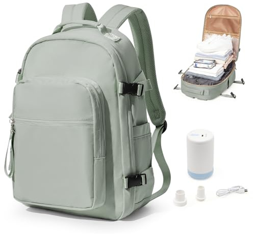 bergsalz Mochila Viaje Al Vacío con Bomba, Mochila de Compresión Al Vacío, Cabina Avión 45x36x20, Mochila Equipaje de Mano Ryanair Verde Grisáceo