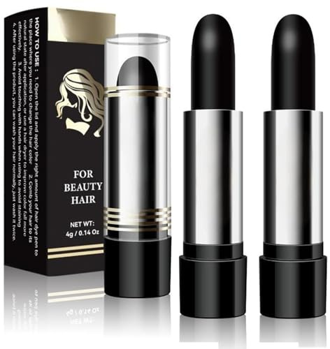 2PCS Root Touch Up Stick for Beard & Hair – Semi-Dark Temporary Hair Dye – Covers Gray Instantly – Waterproof, Sweatproof, Herbal Formula, Twist-Up Design（Black）