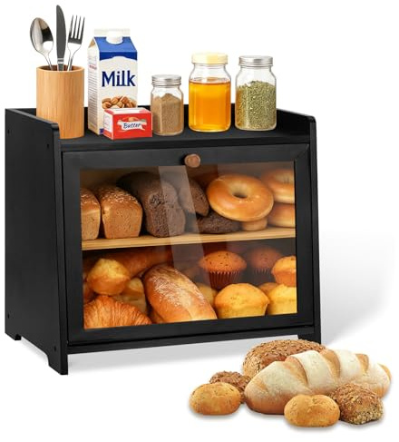 MAIJIAJU 1 Pack Bamboo Bread Bin, Double Layer Large Capacity Storage Box | Black Bamboo Build, Clear Window, Air Vents & Side Handles, Food Safe Countertop Organizer For All Baked Pastries