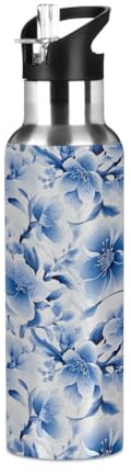 Mexpekil Bouteille d'eau isotherme en acier inoxydable avec couvercle à paille - 600 ml - Motif fleurs de cerisier bleu - Bouteille isotherme pour voyage, sport, course à pied, cyclisme, randonnée