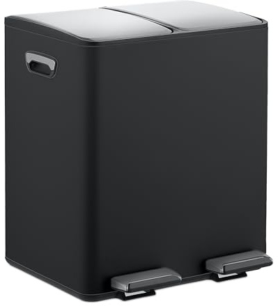 Relaxdays Cubo Basura Doble, 2 Compartimentos 15 litros c/u, Botes Interiores Extraíbles, Pedal, Cocina, Negro/Plateado, 10% plástico 90% Hierro, 15 L