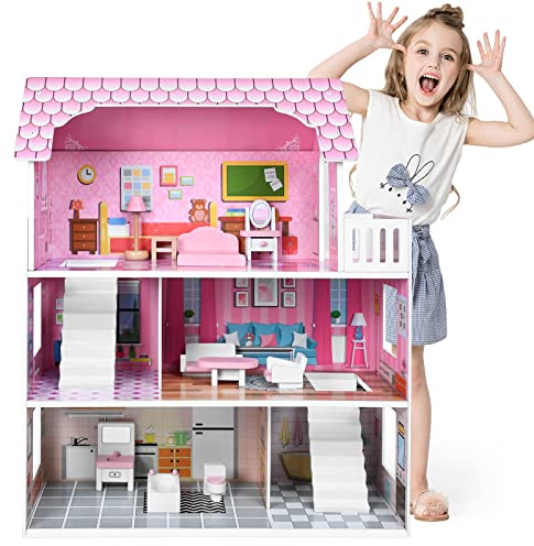 FIVMEN Casa de muñecas de 3 pisos de madera con muebles y diversos accesorios para muñecas grandes, juguetes para a partir de 3 años, 60 x 24 x 70 cm