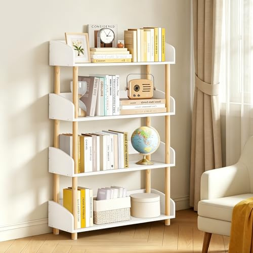OUTONLIFE Bücherregal Weiß 4 Ebenen, Modernes schmales Standregal, Offenes Holzregal, Freistehend mit Massivholzrahmen für Wohnzimmer, Schlafzimmer und Kinderzimmer