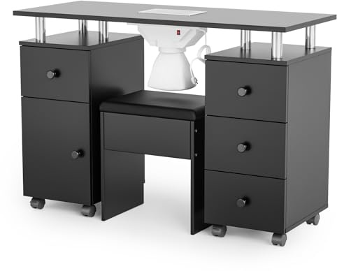OmySalon Nail Desk and Chair Set, Manicure Table with Dust Collector, Arm Rest, 8 Wheels, Acetone Resistant Desktop, Drawers & Cabinet Storage for Makeup Beauty Salon (Black)
