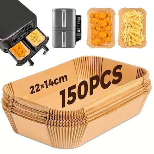 Backpapier für Heißluftfritteuse mit Doppelkammer, 150 Stück 22x14cm Rechteckig Airfryer Papier Liners kompatibel mit Ninja Dual/Double Stack, und Anderen Dual Zone Air Fryer