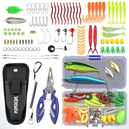 VEYCVLA Leurres Pêche avec Boîte - Spinnerbaits,Plastique vers,Minnow,Popper,Leurres,Souples Pêche Jigs Crochets de Pêche,Peche carnassiers pour Perche,brochet,Sandre,Truite (B)