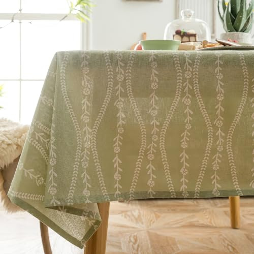 hometrixx Rechteckige Tischdecke 140x180 cm, Landhausstil Tischtuch aus Baumwolle-Leinen-Mix mit Blumen für Esstisch Küche Garten Grün